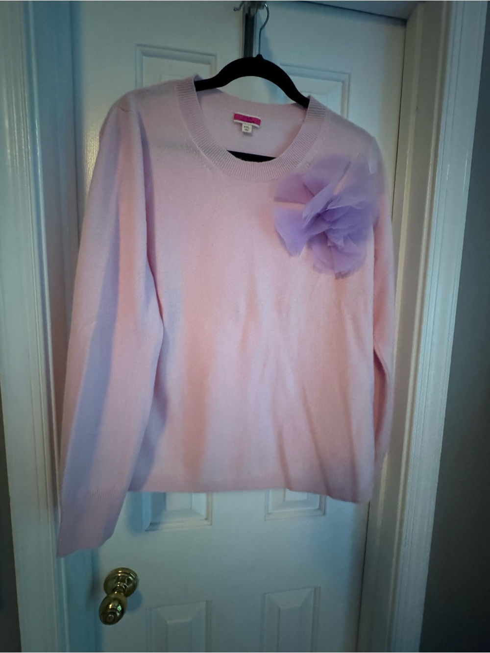 J. Crew Pink Cashmere Sweater with Lavender Organza Flower